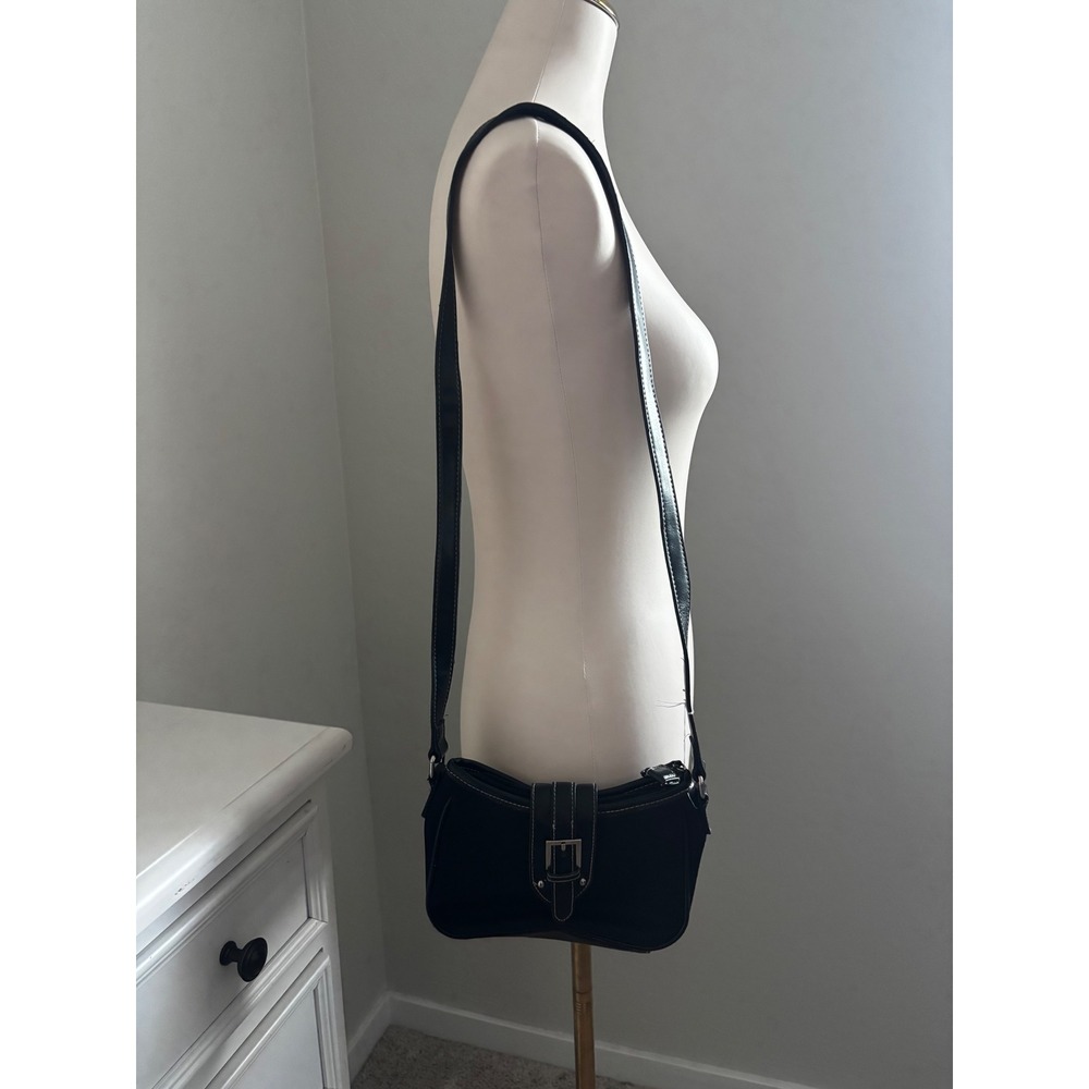 Vintage Black Canvas Crossbody Bag Y2K 90s Buckle Baguette Shoulder Purse